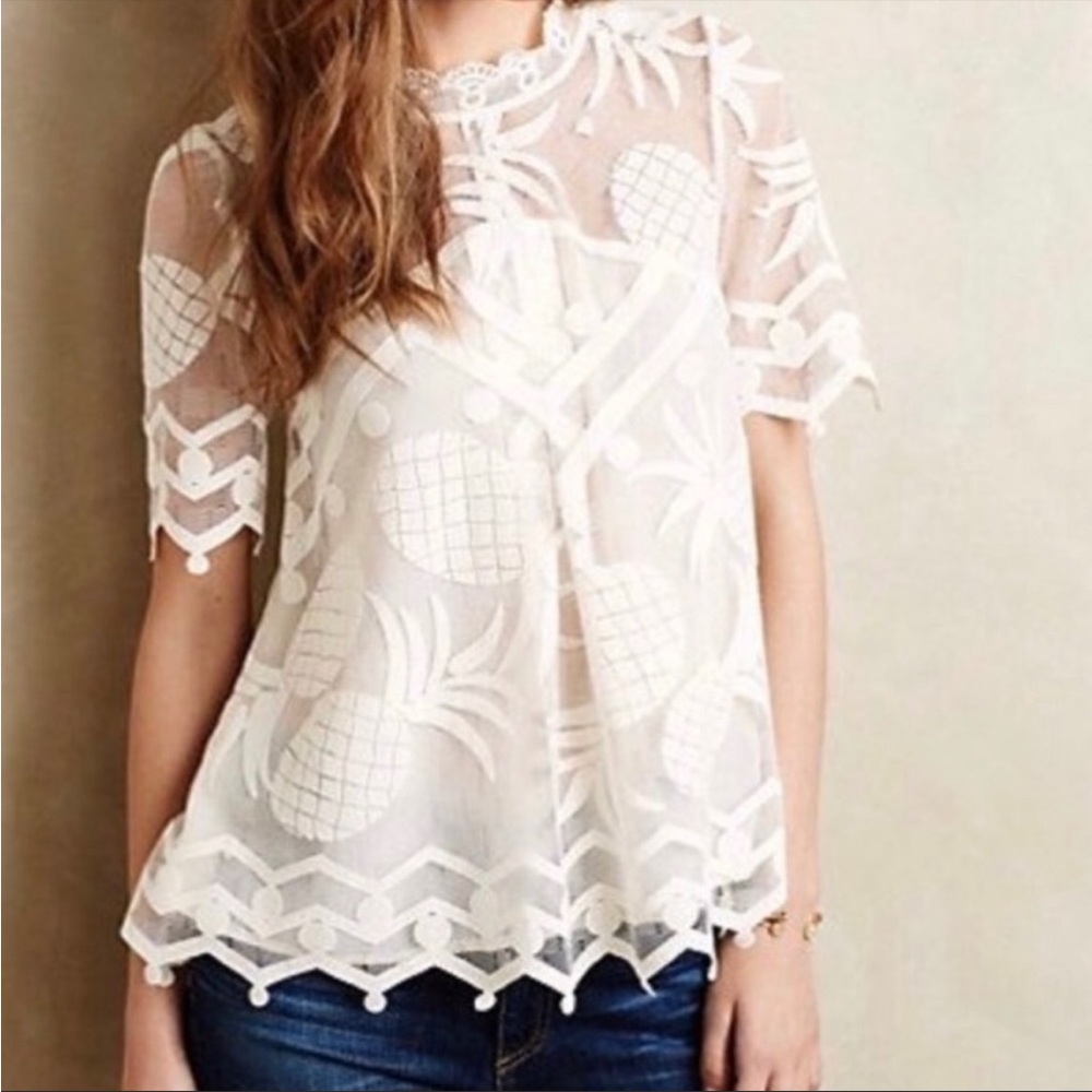 Anthropologie White Sheer Embroidered Pineapple Top